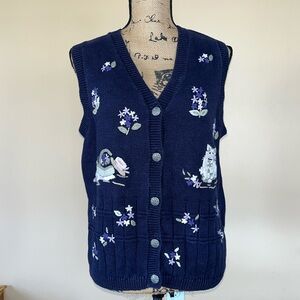 Vintage Navy Blue Embroidered Knit Sweater Vest